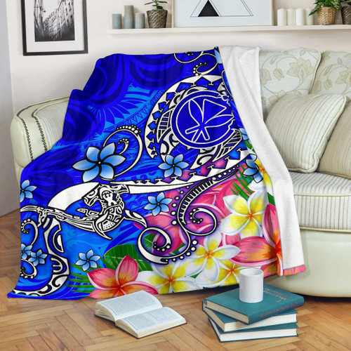 Hawaii Premium Blanket  - Turtle Plumeria Polynesian Tattoo Blue Color 1