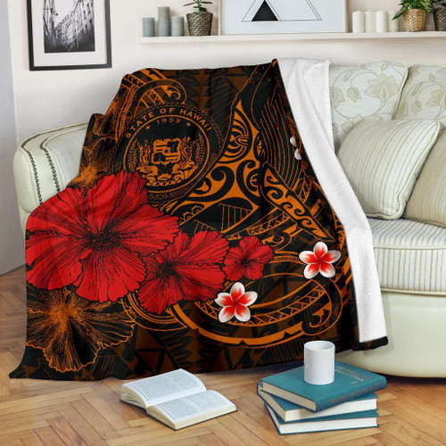 Polynesian Hawaii Premium Blanket - Humpback Whale with Hibiscus (Golden) 1