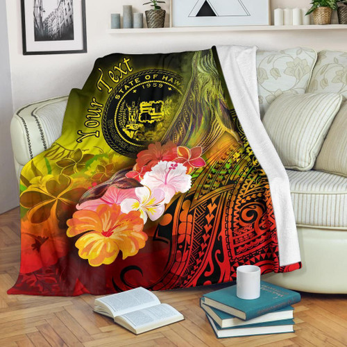 Polynesian Hawaii Custom Personalised Premium Blanket - Humpback Whale with Tropical Flowers (Yellow) 1