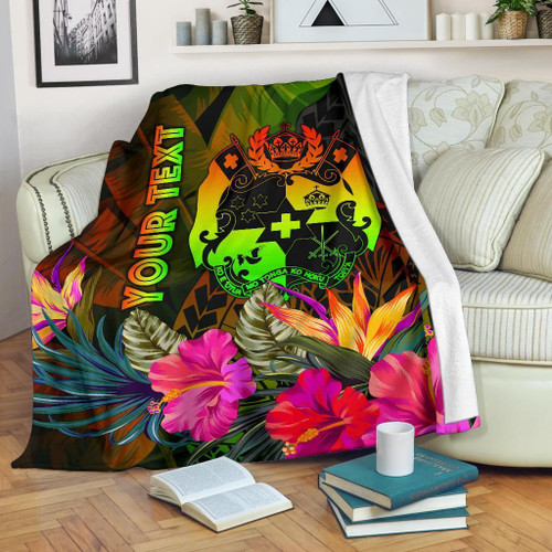 Tonga Polynesian Personalised Premium Blanket -  Hibiscus and Banana Leaves 1