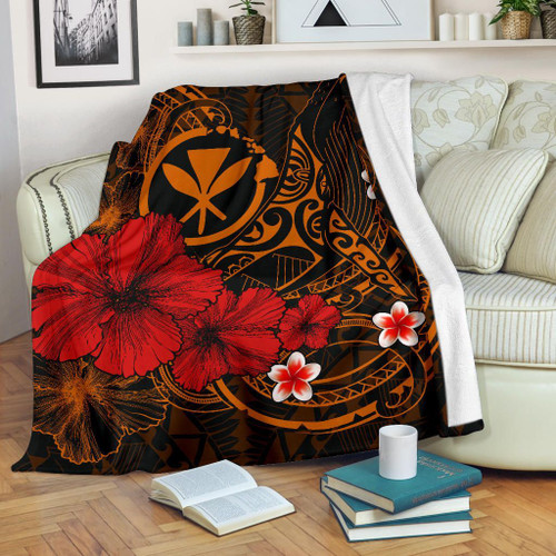 Polynesian Hawaii  Kanaka Maoli Premium Blanket - Humpback Whale with Hibiscus (Golden) 1