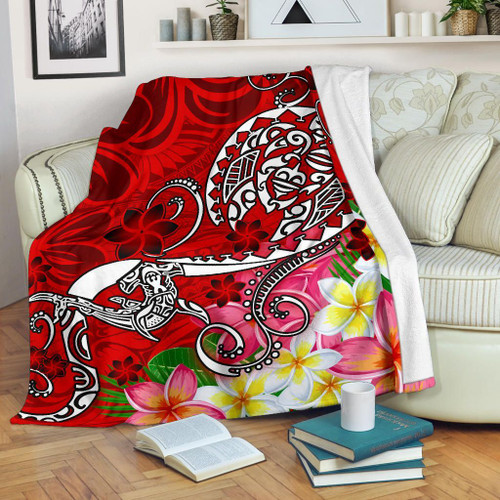 Polynesian Premium Blanket - Turtle Plumeria Red Color 1
