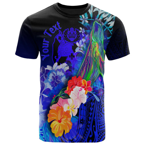 Tonga Custom Personalised T-Shirts - Humpback Whale with Tropical Flowers (Blue) 1