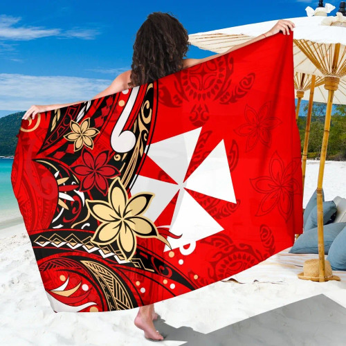 Wallis and Futuna Sarong - Tribal Flower With Special Turtles Red Color 1