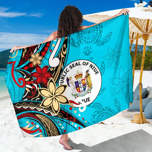 Niue Sarong - Tribal Flower With Special Turtles Blue Color 1