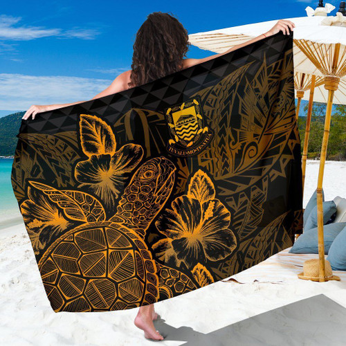 Tuvalu Sarong - Turtle Hibiscus Pattern Gold 1