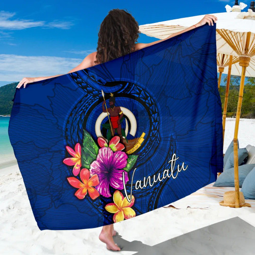 Vanuatu Polynesian Sarong - Floral With Seal Blue 1