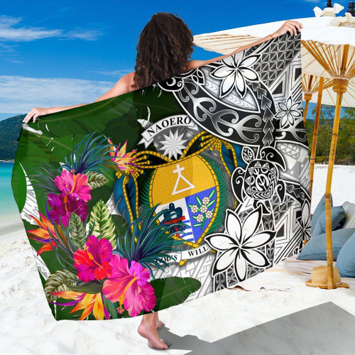 Nauru Sarong White - Turtle Plumeria Banana Leaf Crest 1