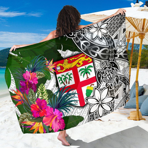 Fiji Sarong White - Turtle Plumeria Banana Leaf 1