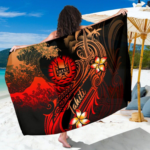 Tahiti Polynesian Sarong - Plumeria Flowers And Waves 1