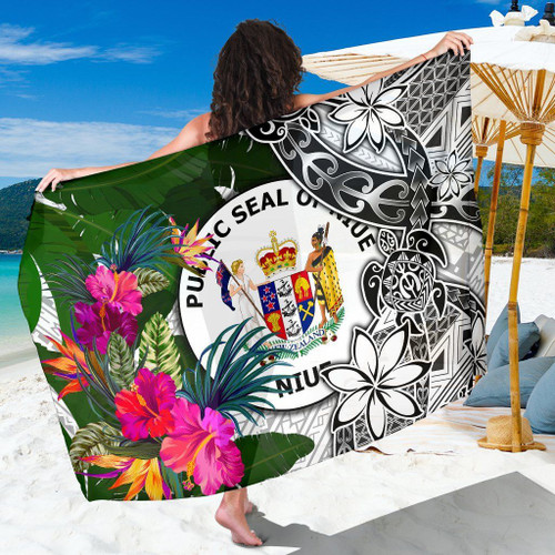 Niue Sarong White - Turtle Plumeria Banana Leaf 1
