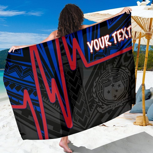Samoa Personalised Sarong - Samoa Coat Of Arms With Polynesian Patterns In Heartbeat Style (Blue) 1