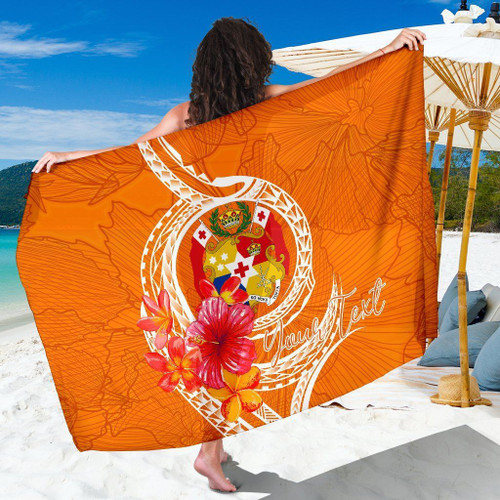 Tonga Polynesian Custom Personalised Sarong - Orange Floral With Seal 1