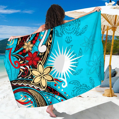 Marshall Islands Sarong - Tribal Flower With Special Turtles Blue Color 1
