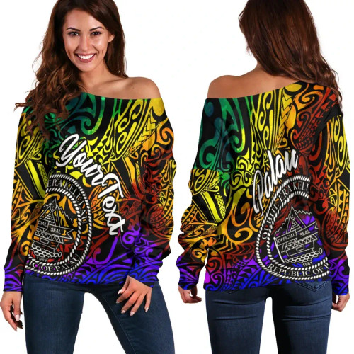 Palau Custom Personalised Women Off Shoulder Sweater - Rainbow Polynesian Pattern 1