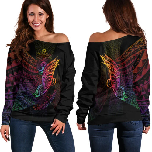 Solomon Islands Women Off Shoulder Sweater - Butterfly Polynesian Style 1
