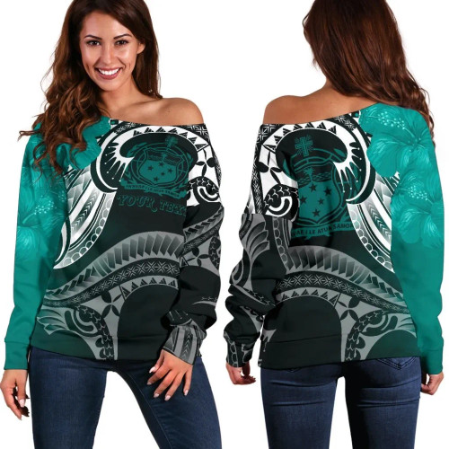Samoa Custom Personalised Women Off Shoulder Sweater - Samoa Seal Wave Style (Green) 1