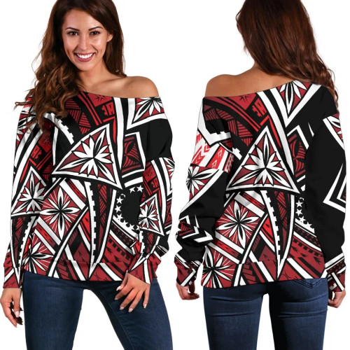 Cook Islands Women Off Shoulder Sweaters - Tribal Flower Special Pattern Red Color 1