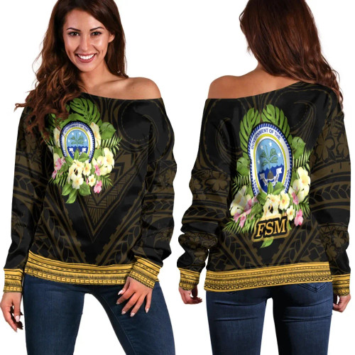 Federated States of Micronesia Women Off Shoulder Sweater - Polynesian Gold Patterns Collection 1