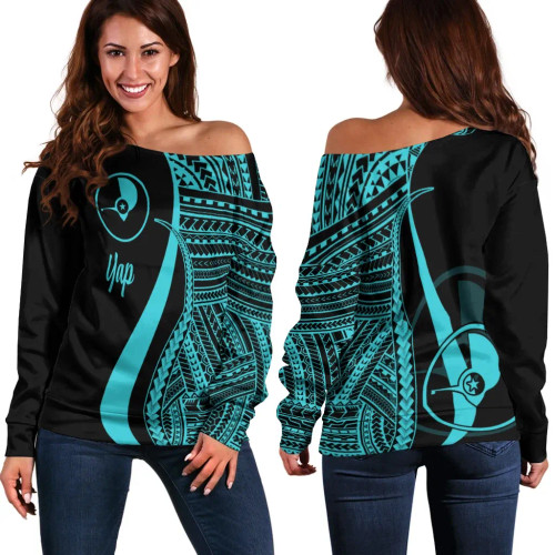 Yap Women Off Shoulder Sweater - Turquoise Polynesian Tentacle Tribal Pattern 1