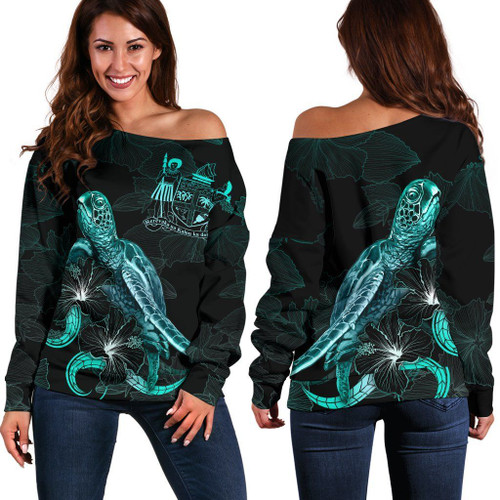 Fiji Polynesian Women Off Shoulder Sweater - Turtle With Blooming Hibiscus Turquoise 1