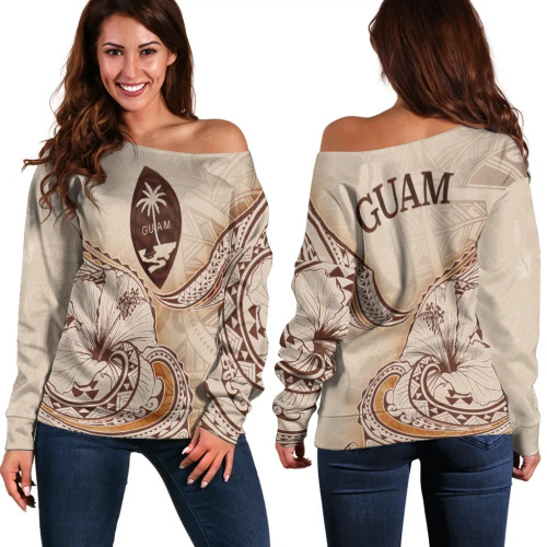 Guam Women Off Shoulder Sweater - Hibiscus Flowers Vintage Style 1