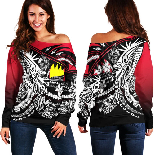Palau Women Off Shoulder Sweaters - Tribal Jungle Pattern Red Color 1 Palau Women Off Shoulder Sweaters - Tribal Jungle Pattern Red Color 1