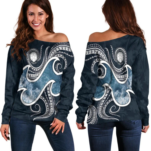 Northern Mariana Islands Polynesian Women Off Shoulder Sweater - Ocean Style 1