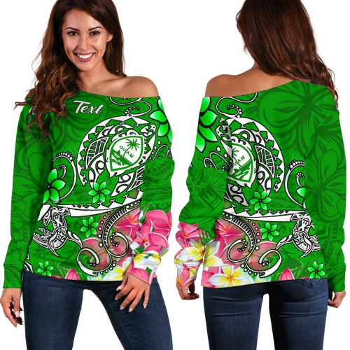 Guam Custom Personalised Women Off Shoulder Sweater - Turtle Plumeria (Green) 1