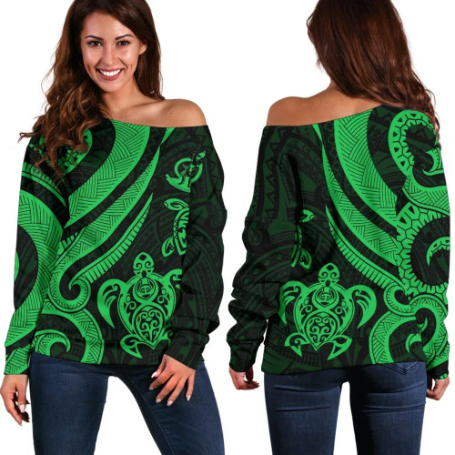 Vanuatu Women Off Shoulder Sweater - Green Tentacle Turtle 1