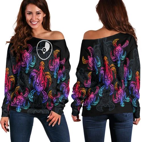 Yap Women Off Shoulder Sweaters - Sea Turtle In Tribal Polynesian Style 1