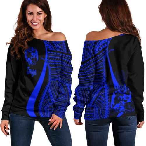 Tonga Women Off Shoulder Sweater - Blue Polynesian Tentacle Tribal Pattern 1