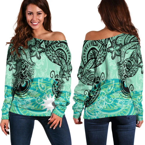 Nauru Women Off Shoulder Sweaters - Vintage Floral Pattern Green Color 1