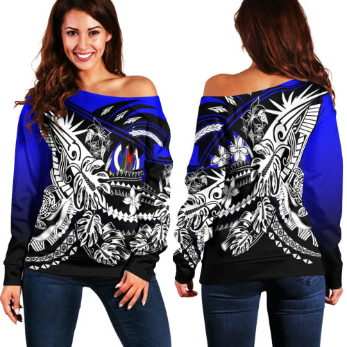 Vanuatu Women Off Shoulder Sweaters - Tribal Jungle Pattern Blue Color 1