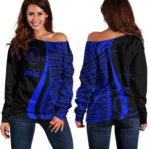 Chuuk Custom Personalised Women Off Shoulder Sweater - Blue Polynesian Tentacle Tribal Pattern 1