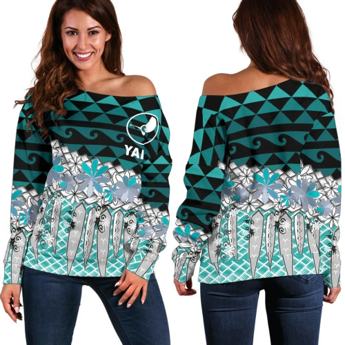 Yap Women Off Shoulder Sweaters - Coconut Leaves Weave Pattern Blue 1