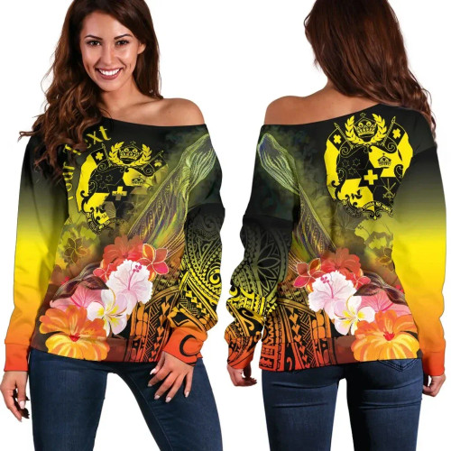 Tonga Custom Personalised Women Off Shoulder Sweater - Humpback Whale with Tropical Flowers (Yellow) 1