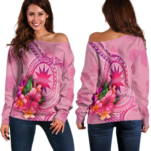 Nauru Polynesian Custom Personalised Women Off Shoulder Sweater - Floral With Seal Pink 1
