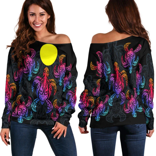 Palau Women Off Shoulder Sweaters - Sea Turtle In Tribal Polynesian Style 1