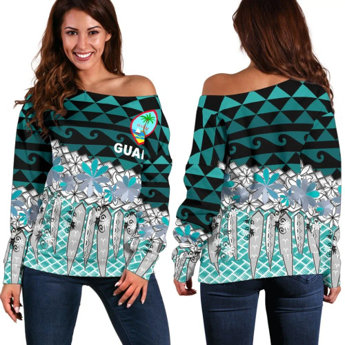 Guam Women Off Shoulder Sweaters - Coconut Leaves Weave Pattern Blue 1