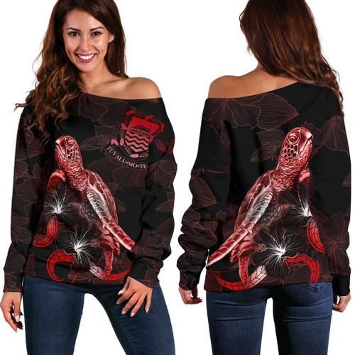 Tuvalu Polynesian Women Off Shoulder Sweater - Turtle With Blooming Hibiscus Red 1