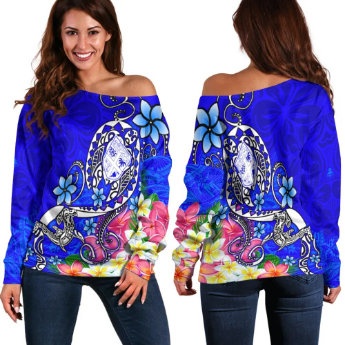 Fiji Women Off Shoulder Sweater - Turtle Plumeria (Blue) 1