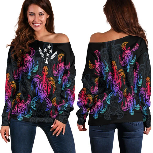 Kosrae Women Off Shoulder Sweaters - Sea Turtle In Tribal Polynesian Style 1