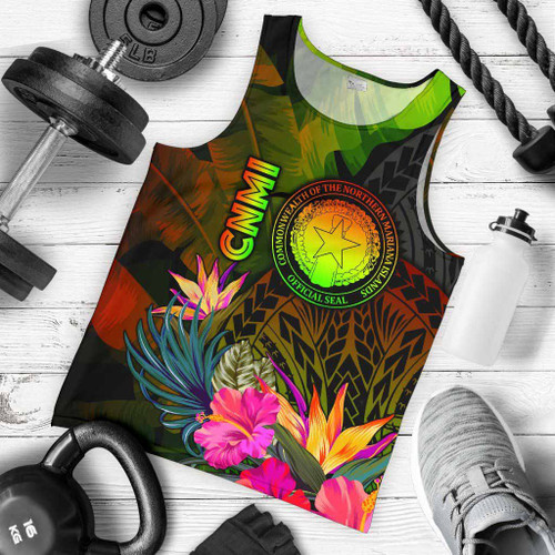Northern Mariana Islands Polynesian Men Tank Top - Hibiscus and Banana Leaves 1