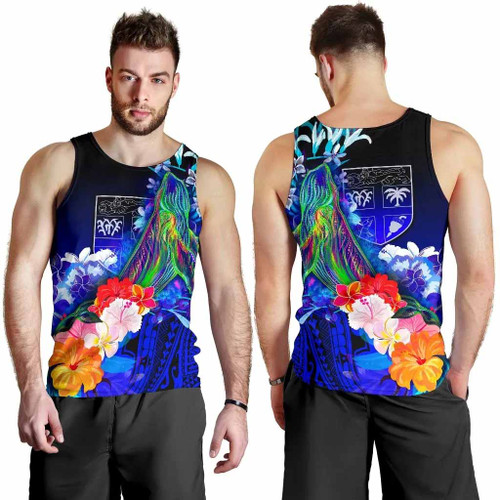 Fiji Men Tank Top - Humpback Whale with Tropical Flowers (Blue) 1