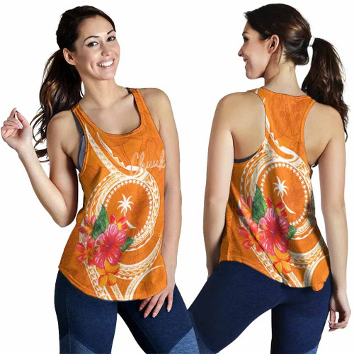 Chuuk Polynesian Women Racerback Tank - Orange Floral With Seal 1