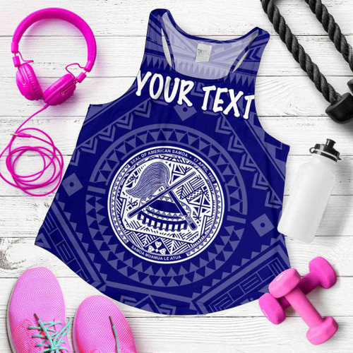 American Samoa Personalised Women Racerback Tank - Seal In Polynesian Tattoo Style (Blue) 1