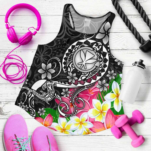Hawaii Polynesian Women Racerback Tank - Turtle Plumeria (Black) 1