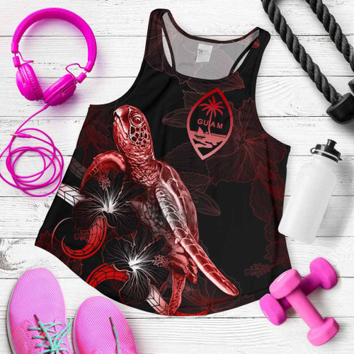 Guam Polynesian Women Tank Top - Turtle With Blooming Hibiscus Red 1