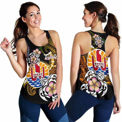 French Polynesia Tahiti Women Racerback Tank - Tahiti Of Seal Turtle With Plumeria 1